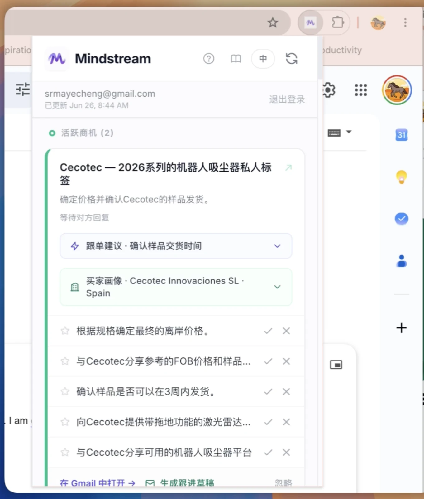 Gmail extension · Demonstration deal and recommended next steps.