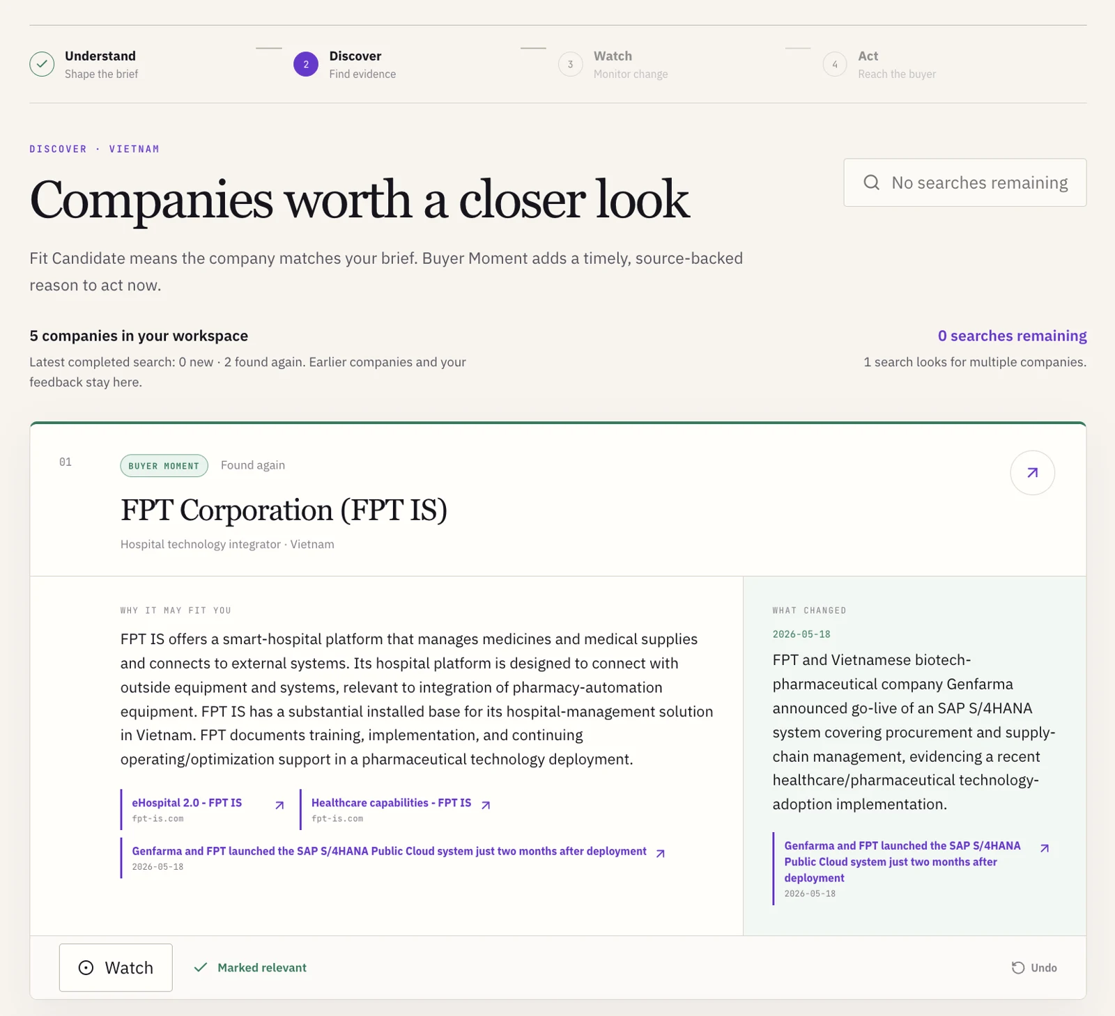 Buyer Radar company research interface